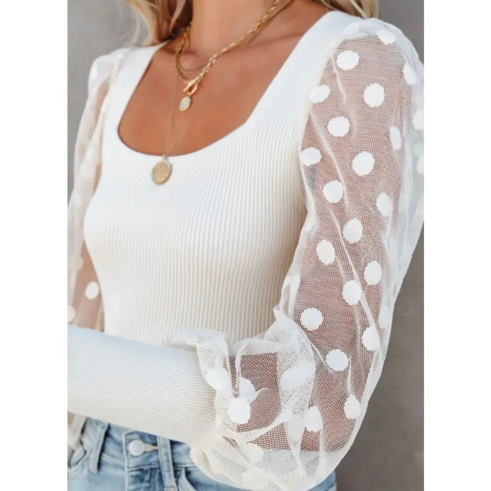 🔥 POLKA DOT • LONG SLEEVE KNIT TOP - IVORY - XL🔥 - Picture 4 of 10